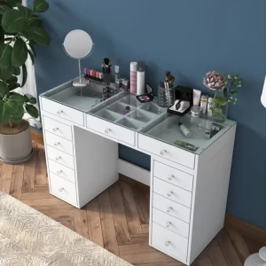 Snabb frakt Ramender Sminkbord med förvaring Bordsskiva Glas 120 cm Vit - Möbler
