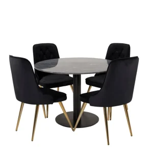 Säker betalning Venture Home Estelle Matgrupp 106 cm Rund med 4 Velvet Deluxe stolar Svart/Guld - Möbler