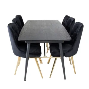 Venture Home Gold Matgrupp Förlängningsbar 180-220 cm Rektangulär med 6 Velvet Deluxe stolar Svart/Guld - Möbler Sänkt pris