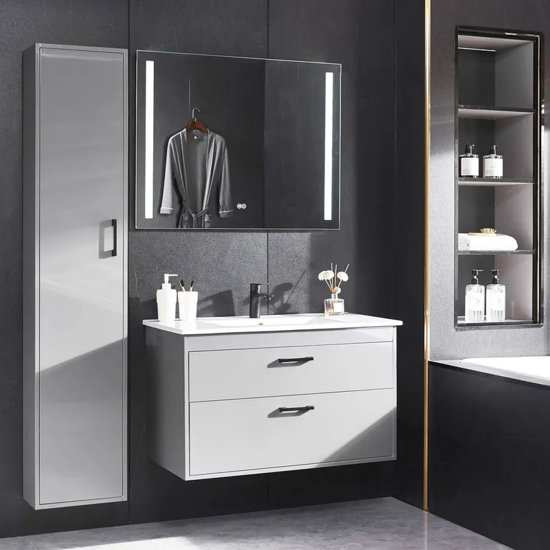 Badrumspaket | Kommod 90 cm | Sidoskåp & LED-spegel | Grå - Hus & renovering Säker betalning