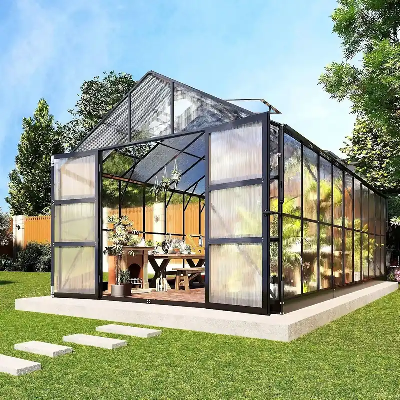 Billig Växthus 18m² Premium | Extra hög odlingshöjd | 6mm kanalplast | Svart - Trädgård & spabad