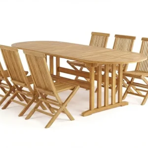 Menorca Matgrupp Utomhus 180-240 cm Ovalt Förlängningsbart i trä med 6 Fällbara teakstolar Natur - Utemöbler Beställ idag