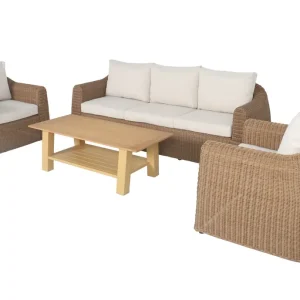 Endast idag Utegrupp XL 2 st fåtöljer med 3-sits soffa och bord Naturfärgad konstrotting och ljusbeige dynor - Trädgård & spabad