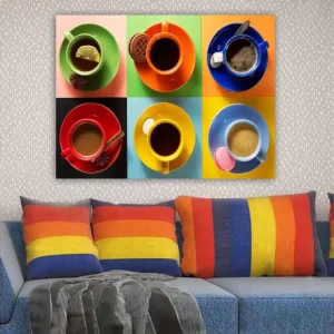 Canvastavla 70x100 cm - Färgglada kaffekoppar arrangerade i ett rutmönster med olika drycker och tillbehör - Inredning & dekor Begränsad tid