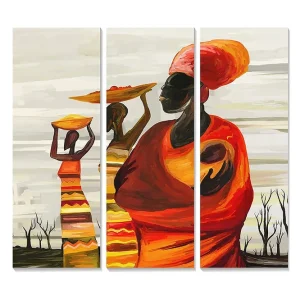 Canvastavla i trä 3-delar 50x70 cm - Kvinnor som bär frukter på huvudet i en färgglad och kulturell komposition - Inredning & dekor Kundfavorit