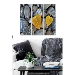 Canvastavla i trä 3-delar 50x70 cm - Gula löv på en bakgrund av grå stenar - Inredning & dekor Snabb frakt