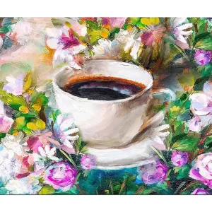 Canvastavla 70x100 cm - Kopp kaffe omgiven av färgglada blommor - Inredning & dekor Kampanjpris