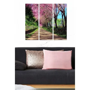 Sänkt pris Canvastavla i trä 3-delar 50x70 cm - Vacker allé med blommande körsbärsträd - Inredning & dekor