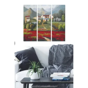 Canvastavla i trä 3-delar 50x70 cm - Lummig landskapsvy med blommor och hus i fjärran - Inredning & dekor Sista chansen