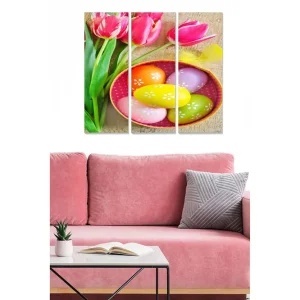 Canvastavla i trä 3-delar 50x70 cm - Färgglad samling av påskägg och tulpaner - Inredning & dekor Snabb leverans