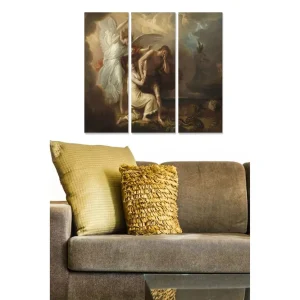 Begränsat antal Canvastavla i trä 3-delar 50x70 cm - Dramatiskt sceneri med en ängel som skyddar en kvinna och en man i en konflikt - Inredning & dekor