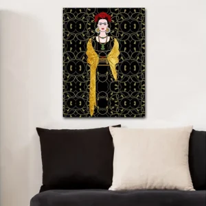 Beställ nu Canvastavla 70x100 cm - Stiliserad kvinna klädd i svart och guld med röd blomma i håret - Inredning & dekor