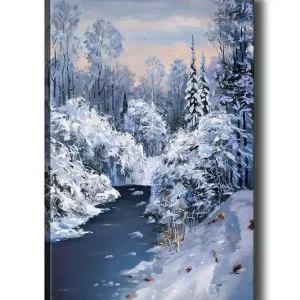Canvastavla 70x100 cm - Vinterlandskap med snötäckta träd och en stilla flod - Inredning & dekor Kampanj