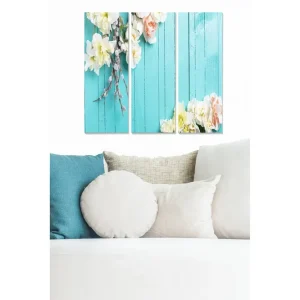 Canvastavla i trä 3-delar 50x70 cm - Blommor mot en turkos bakgrund - Inredning & dekor Säker betalning