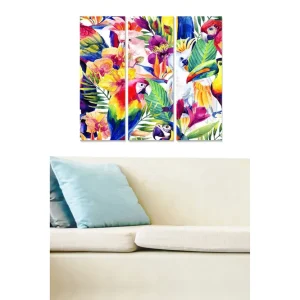 Canvastavla i trä 3-delar 50x70 cm - Färgrik tropisk flora med fåglar - Inredning & dekor Erbjudande