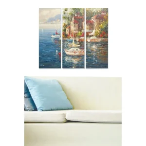 Billig Canvastavla i trä 3-delar 50x70 cm - Vacker hamn med segelbåtar och färgglada byggnader vid vattnet - Inredning & dekor