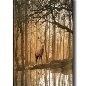 Canvastavla 70x100 cm - Majestätisk älg står vid en spegelblanka sjö omgiven av dimmiga skogar - Inredning & dekor Lägg i varukorgen