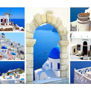 Canvastavla 70x100 cm - Vacker vy av Santorini med vita hus och blå kupoler mot havet - Inredning & dekor Populär