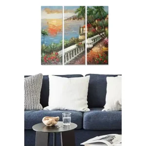 Canvastavla i trä 3-delar 50x70 cm - Vacker kustlandskap med solnedgång och blommor längs en promenad - Inredning & dekor Populärt val