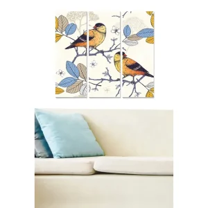 Canvastavla i trä 3-delar 50x70 cm - Färgglada fåglar på en gren omgivna av blad - Inredning & dekor Fynd