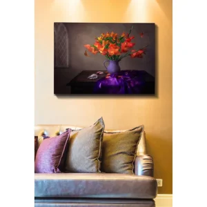 Begränsad tid Canvastavla 70x100 cm - Vacker bukett med orange gladiolus i en lila vas - Inredning & dekor
