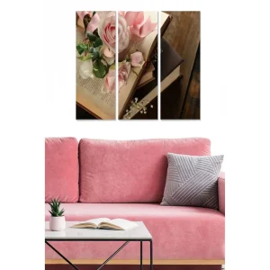 Canvastavla i trä 3-delar 50x70 cm - Bukett av rosa rosor och böcker - Inredning & dekor Kampanj