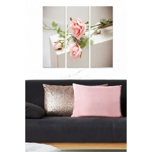Canvastavla i trä 3-delar 50x70 cm - Rosa rosor på en ljus bakgrund - Inredning & dekor Fri frakt