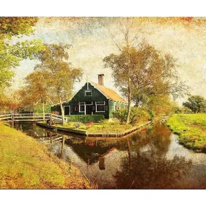 Canvastavla 70x100 cm - Idyllisk landskapsvy med ett traditionellt hus vid en kanal omgiven av träd och grönska - Inredning & dekor Lågt pris