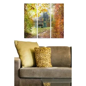Canvastavla i trä 3-delar 50x70 cm - Vacker höstlandskap med en bänk vid en spegelblanka sjö - Inredning & dekor risnedsättning