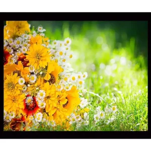 Utförsäljning Inramad Canvastavla i trä - 41x56 cm - Färgrik bukett av blommor i gult och vitt - Inredning & dekor