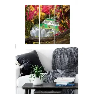 Snabb leverans Canvastavla i trä 3-delar 50x70 cm - Vacker vattenfall omgiven av färgglada höstträd - Inredning & dekor