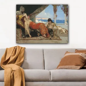 Canvastavla 70x100 cm - Drömlik scen med två kvinnor i orientaliska kläder som vilar i en lyxig miljö, medan en man spelar ett stränginstrument - Inredning & dekor Erbjudandepris