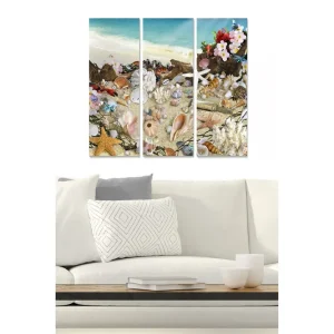 risnedsättning Canvastavla i trä 3-delar 50x70 cm - Strandmotiv med snäckor och blommor - Inredning & dekor