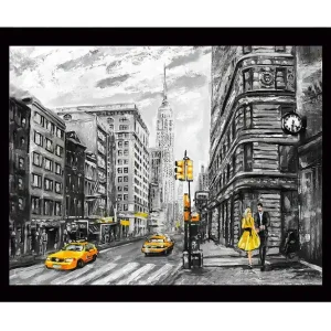 Billigare Inramad Canvastavla i trä - 41x56 cm - Livlig stadsbild med en kvinna i gul klänning och gula taxibilar - Inredning & dekor
