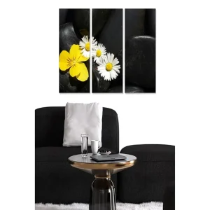 Canvastavla i trä 3-delar 50x70 cm - Gula och vita blommor på svarta stenar - Inredning & dekor Kampanj