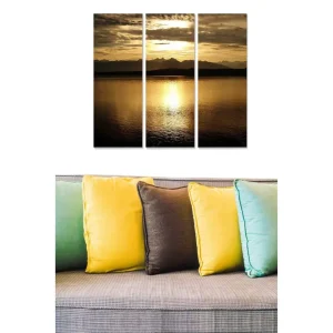 Canvastavla i trä 3-delar 50x70 cm - Solnedgång över stilla vatten med fjärran berg i bakgrunden - Inredning & dekor I lager