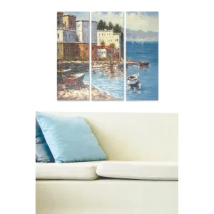 Canvastavla i trä 3-delar 50x70 cm - Vacker kustlandskap med båtar vid en färgglad hamn - Inredning & dekor Snabb leverans