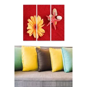 Canvastavla i trä 3-delar 50x70 cm - Färgglad komposition med en blomma och snäckor på röd bakgrund - Inredning & dekor Begränsat antal