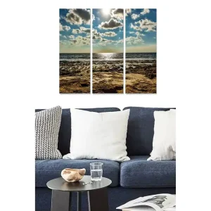 Canvastavla i trä 3-delar 50x70 cm - Havsutsikt med solreflexer och moln på himlen - Inredning & dekor Rabatt