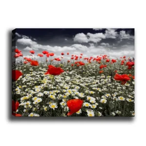 Canvastavla 70x100 cm - Blomsteräng med röda vallmo och vita prästkragar som skapar en kontrasterande och livfull komposition - Inredning & dekor Populärt val