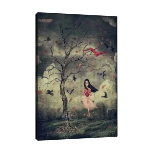 Beställ nu Canvastavla 70x100 cm - Flicka i en rosa klänning svänger från ett träd i en drömlik miljö med fåglar som svävar omkring henne - Inredning & dekor