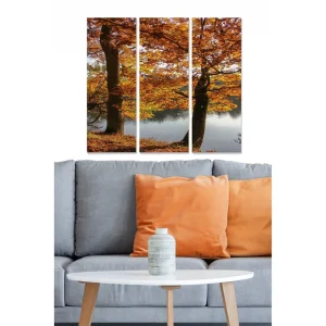 Billig Canvastavla i trä 3-delar 50x70 cm - Vackra höstträd vid en spegelblanka sjö - Inredning & dekor