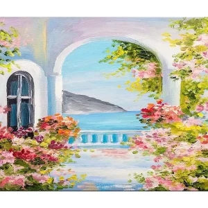 Billig Canvastavla 70x100 cm - Vacker utsikt genom en båge med blommor i förgrunden och havet i bakgrunden - Inredning & dekor