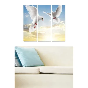 Canvastavla i trä 3-delar 50x70 cm - Två vita duvor i flykt mot en ljus himmel - Inredning & dekor risnedsättning