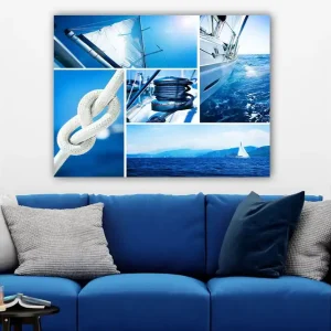 Beställ idag Canvastavla 70x100 cm - Sammansättning av maritima motiv med segelbåtar och rep i olika blå nyanser - Inredning & dekor