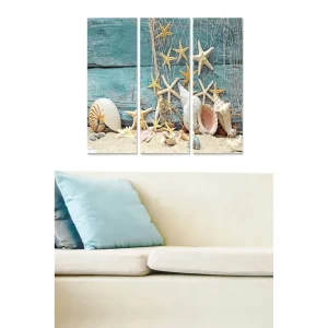 Billig Canvastavla i trä 3-delar 50x70 cm - Havsmotiv med snäckor och sjöstjärnor på sandig bakgrund - Inredning & dekor