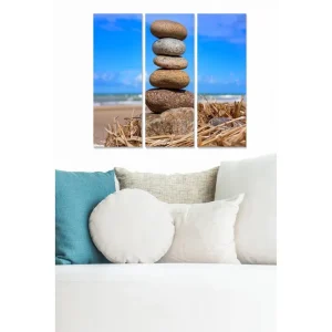 Canvastavla i trä 3-delar 50x70 cm - Stabila stenar i en harmonisk stapel vid stranden - Inredning & dekor Premium