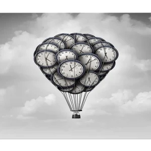 Canvastavla 70x100 cm - Luftballong formad av klockor som svävar i en drömlik himmel - Inredning & dekor Kundfavorit