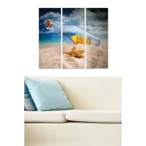 Säker betalning Canvastavla i trä 3-delar 50x70 cm - Flaska med ett segelfartyg på sandstrand - Inredning & dekor