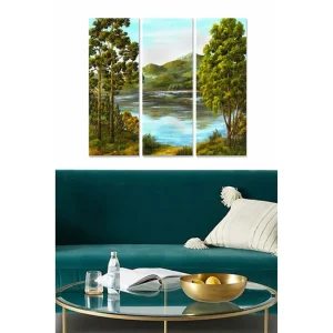 Canvastavla i trä 3-delar 50x70 cm - Vacker landskapsmålning med träd och spegelblanka sjöar - Inredning & dekor Säker betalning